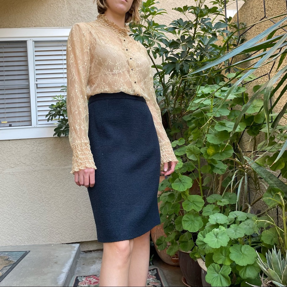 Vintage navy blue Chanel wool pencil skirt with original Chanel hanger